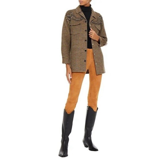 Sandro Paris Brodan Beaded Plaid Check Coat Wool Blend Button Front EU 38 US 6 - Picture 1 of 16